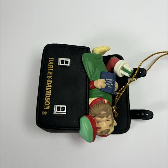 RARE HARLEY DAVIDSON CHRISTMAS ORNAMENT SANTAS ELF ON A SADDLEBAG DATED 1997 VTG - Picture 3 of 14